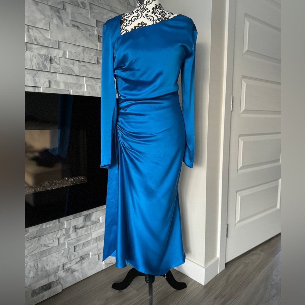 Equipment Femme 100% Silk Annalise Dress Asymmetrical Ruched Directoire Blue 4/S
